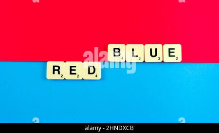 Selective focus on the tile red and blue on a red and blue background Stock Photo