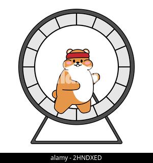 Cute drawn hamster. Kawaii animal runs in a wheel. Avatar mascot funny character sticker isolated on white background. Vector stock illustration Stock Vector