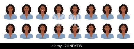 Set of emotions of black woman with curly hair. Variations of female facial expressions. Smile, happy, cheerful, surprised, sad, dissatisfied, irate, Stock Vector