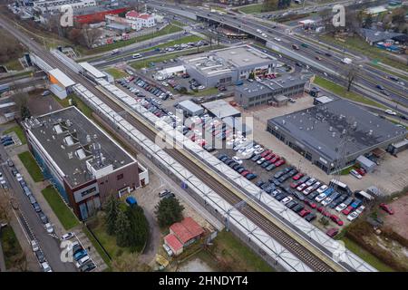 Railway tracks over Gorczewska Street in Mlynow area of Wola district in Warsaw, capital of Poland Stock Photo