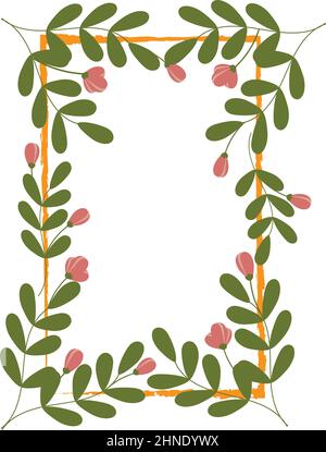 Spring frame in the form of a rectangle with green twigs, pink flowers and buds in a cartoon style. Template for greeting card, flyer, booklet. Copyspace. Handdrawn. Stock Vector