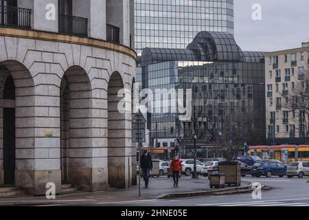 Blue SkyscrapeCorner of former Stock Exchange and Bank of Poland and Blue Skyscraper building on Bank Square in Warsaw, capital of Poland Stock Photo