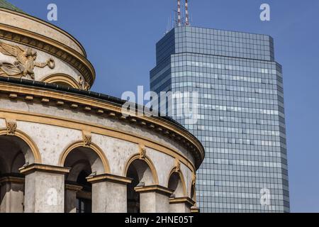 Blue SkyscrapeCorner of former Stock Exchange and Bank of Poland and Blue Skyscraper building on Bank Square in Warsaw, capital of Poland Stock Photo