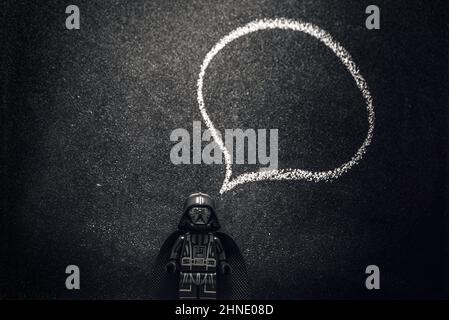 Darth Vader with speech bubble against chalkboard background. Illustrative editorial. February 06, 2022 Stock Photo