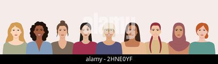 Women with different hairstyles, skin colors, races, ages stand together. Diverse portraits of smiling women. Girl power. Female empowerment. Flat vec Stock Vector