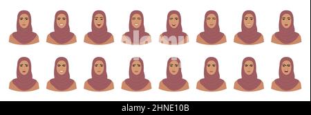 Set of emotions of woman in hijab. Variations of female facial expressions. Smile, happy, cheerful, surprised, sad, dissatisfied, angry, terrified emo Stock Vector