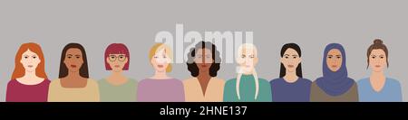 Women with different hairstyles, skin colors, races, ages stand together. Diverse portraits of dissatisfied, angry, irate women. Girl power. Female em Stock Vector