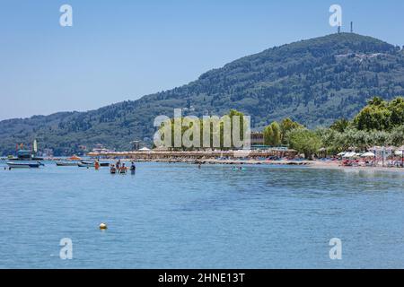 Ionian Sea beach in Moraitika town on east side of the island of Corfu, Ionian Islands, Greece Stock Photo