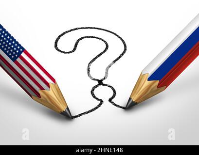 Russia American question and Russian United States questions as a current political crisis uncertainty as national flags with Moscow and Washington. Stock Photo