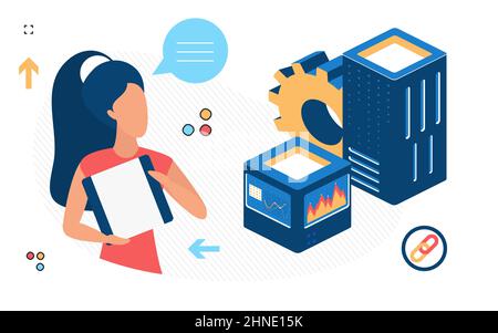 Big data analysis engine generating valuable insights. Management software processing and extracting info tool Stock Vector