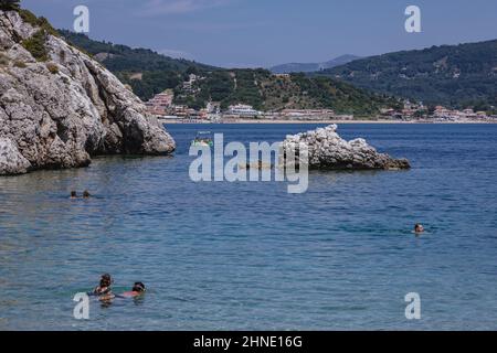 Bay seen from Porto Timoni and Limni beach - famous double beach near Afionas village on the Greek island of Corfu Stock Photo