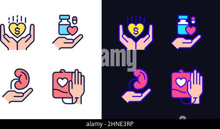 Donation to healthcare pixel perfect light and dark theme color icons set Stock Vector