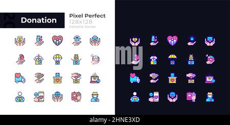 Donation opportunities pixel perfect light and dark theme color icons set Stock Vector