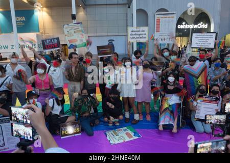 Bangkok, Thailand. 14th Feb, 2022. LGBTQ activists call for law enforcement 'Equal marriage' at the front of the Central World shopping mall. (Photo by Atiwat Silpamethanont/Pacific Press/Sipa USA) Credit: Sipa USA/Alamy Live News Stock Photo