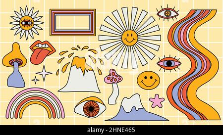 Set of hipster retro cool psychedelic elements. A collection of groovy cliparts from the 70s. editable stroke. Abstract design of cartoon stickers Stock Vector