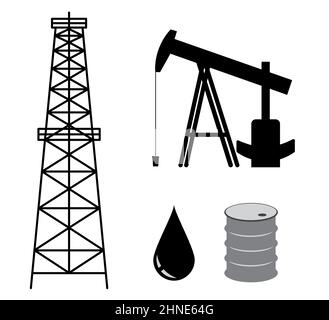 oil derrick with pump and barrel - vector set Stock Vector