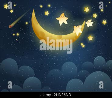 Golden Moon Sleeping and Stars Nighttime Wallpaper Stock Vector