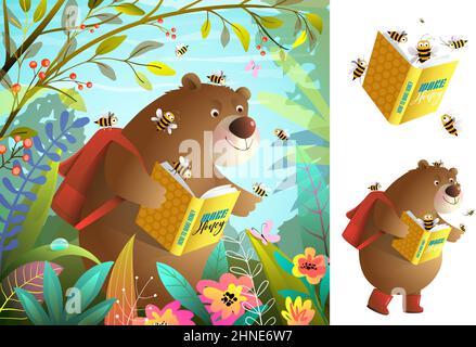 Bear and Bees Reading Book Clipart Set Stock Vector