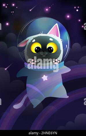 Cute Space Cat and Rainbow in Cosmos for Kids Stock Vector