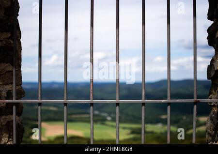 Bars on the Nürburg with a view of the nature of the Eifel in the background Stock Photo