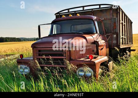 Abandoned Vintage and Rusty Truck in a Field on a Sunny Day Stock Photo