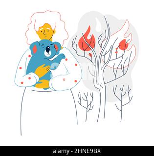 Rescue animals from fire - modern flat design style illustration with line elements. A colorful composition with a girl holding koala in her arms and Stock Vector