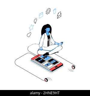 Mindfulness - modern line isometry design style illustration. Detailed picture in red and blue color with a woman in lotus position, smartphone with e Stock Vector