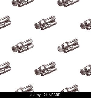Bamboo branches seamless pattern on white background. Natural Asian vegetarian healthy food wallpaper. Vintage engraved style. Vector illustration Stock Vector