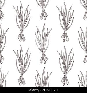 Green onion ink sketch seamless pattern on white background. Monochrome food ingredient backdrop. Natural organic fresh food wallpaper. Vintage hand d Stock Vector