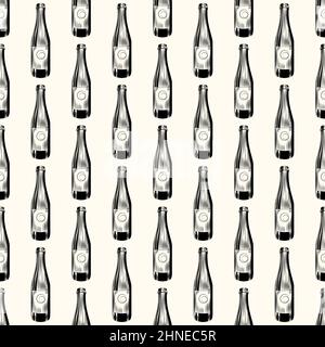 Hand drawn cider bottle seamless pattern. Craft beer bottle wallpaper. Vintage engraved style. Vector illustration Stock Vector