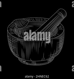 Hand drawn mortar and pestle on blackboard. Grinding spices and solid food ingredients. Engraved style. Vector illustration Stock Vector