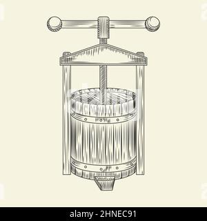 Wooden wine press. Grape press sketch. Cider making vintage engraved style. Vector illustration. Stock Vector