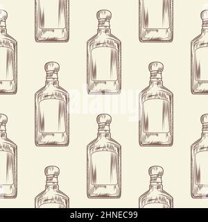Tequila bottle seamless pattern. Traditional Mexican alcoholic drink wallpaper. Vintage engraved style. Hand drawn design. Vector illustration. Stock Vector