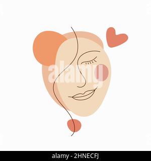 Vector illustration of abstract modern line minimalistic woman face and different colorful shapes isolated on white background for your design Stock Vector