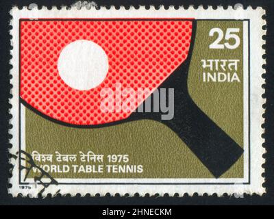 INDIA - CIRCA 1975: stamp printed by India, shows Table Tennis Paddle and Ball, circa 1975 Stock Photo