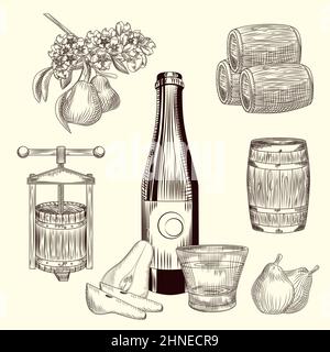 Set of pear cider. Harvest pear, press, barrel, glass and cider bottle. Craft fruit beer collection. Engraving vintage style. Vector illustration. Stock Vector