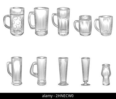 Set of different beer glass and mugs. Beer cup silhouette. Glass or alcohol drink. Element for bar menu design. Engraving vintage style. Vector retro Stock Vector