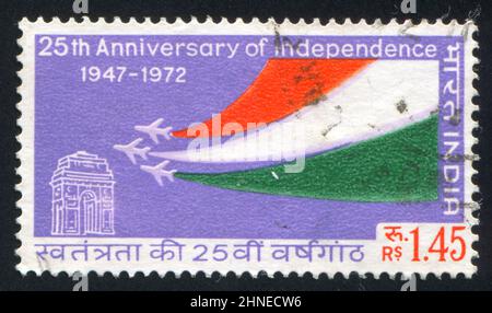 INDIA - CIRCA 1973: stamp printed by India, shows India Gate, Gnat Planes, India’s Colors, circa 1973 Stock Photo