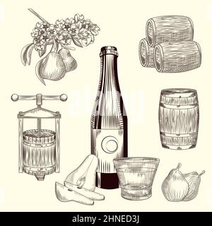 Set of pear cider. Harvest pear, press, barrel, glass and cider bottle. Craft fruit beer collection. Engraving vintage style. Vector illustration. Stock Vector