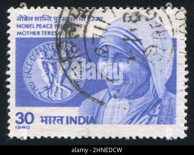 INDIA - CIRCA 1980: stamp printed by India, shows Mother Teresa, Nobel Peace Prize Medallion, circa 1980 Stock Photo