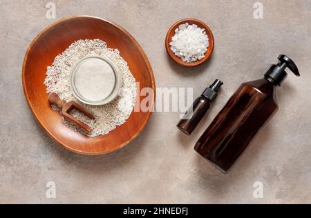 Fermented rice water and various ingredients and components for wellness and rejuvenation spa treatments. Close-up, top view, space for text, mockup Stock Photo