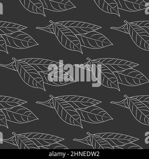 Bay leaves sketch seamless pattern on black background. Food ingredient wallpaper. Vintage engraved style backdrop. Vector illustration Stock Vector