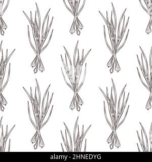 Green onion ink sketch seamless pattern on white background. Monochrome food ingredient backdrop. Natural organic fresh food wallpaper. Vintage hand d Stock Vector