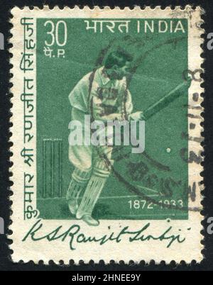 INDIA - CIRCA 1973: stamp printed by India, shows cricket player with bat, Ranjit Sinhji, circa 1973 Stock Photo