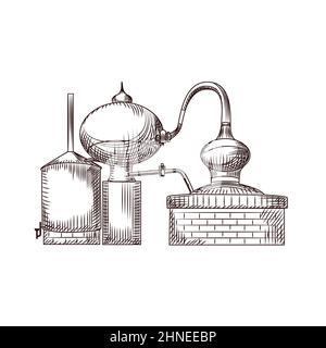 Hand drawn copper cube isolated on white background. Alembic vintage engraved style. Hand drawn distillation of alcohol vector illustration. Design fo Stock Vector