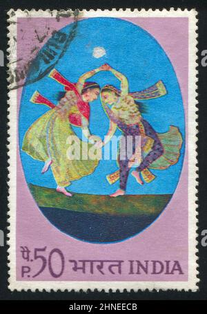 INDIA - CIRCA 1973: stamp printed by India, shows two dancing women, circa 1973 Stock Photo