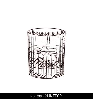 Whiskey glass isolated on white background. Hand drawn alcoholic cocktail with ice in rocks glass. Vintage engraved style. For pub menu, cards, poster Stock Vector