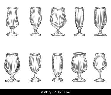 Set of different beer glass. Beer cup silhouette. Glass or alcohol drink. Engraving vintage style. Element for bar menu design. Vector retro illustrat Stock Vector