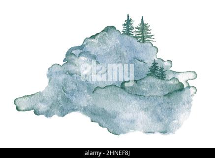 Watercolor forest tree and mountines. Hand drawn pine trees ...