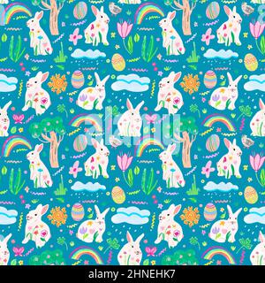 Easter seamless pattern. Spring, rabbits, trees, flowers, birds and rainbows on blue sky background Stock Photo